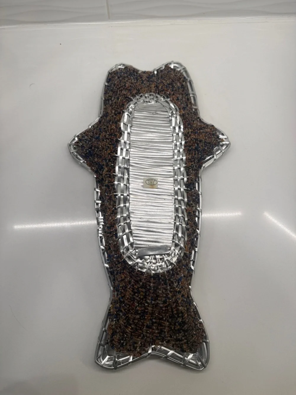 Vintage Hand Beaded Fish-Shaped Basket Tray Silver Wire Coastal Decor
